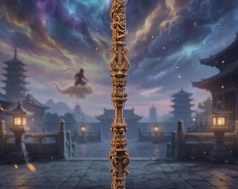 May include: A detailed illustration of the Wukong Staff, also known as the Ruyi Jingu Bang. The staff is a golden-brown color, intricately carved with dragon motifs. The background features a fantasy landscape with temples and a cloudy sky.