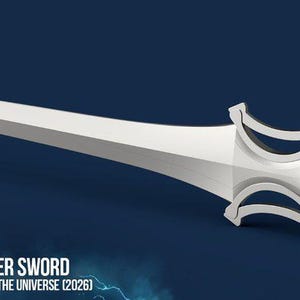 May include: A white sword with a long, tapered blade and a complex, angular crossguard. The handle is wrapped in brown material and features a circular pommel. The text POWER SWORD MASTERS OF THE UNIVERSE (2026) is printed at the bottom of the image.