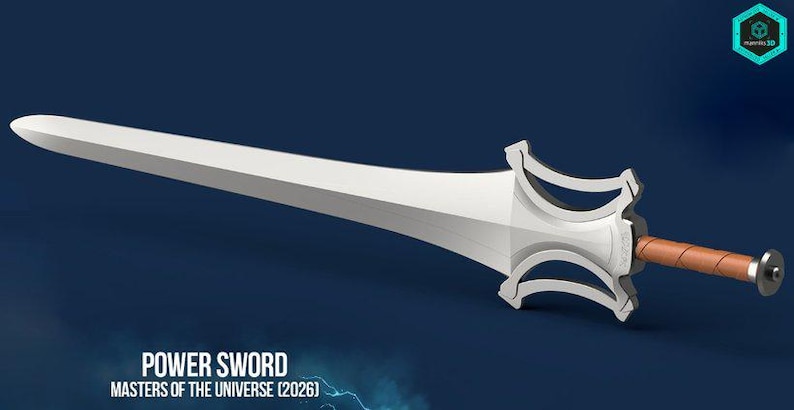 May include: A white sword with a long, tapered blade and a complex, angular crossguard. The handle is wrapped in brown material and features a circular pommel. The text POWER SWORD MASTERS OF THE UNIVERSE (2026) is printed at the bottom of the image.