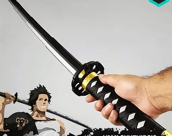 May include: A black katana with a gold and black hilt is held in a hand. The blade is black with a silver edge. The handle is wrapped in black material with white diamond-shaped accents. The text "Yami Sukehiro's Katana" is visible.