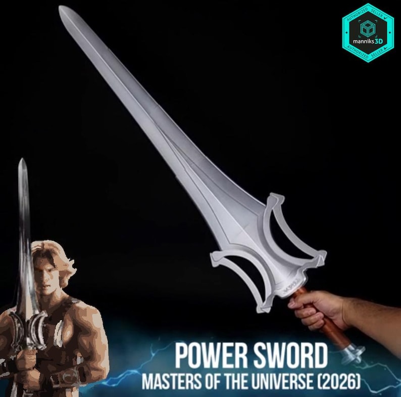 May include: A silver-colored Power Sword from Masters of the Universe (2026) featuring a wide, double-edged blade and a distinctively shaped guard. The sword has a brown handle and is shown alongside an illustration of a muscular character.