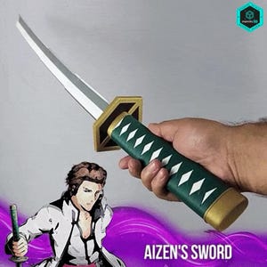 May include: A green and gold sword with a silver blade is held in a hand. The handle is green with white diamond shapes. The text "AIZEN'S SWORD" is at the bottom of the image. A cartoon image of a person is in the lower left corner.