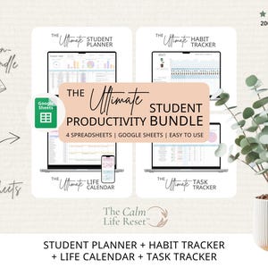 Puede incluir: El paquete de productividad estudiantil definitivo, con cuatro hojas de cálculo: Planificador de estudiantes, Rastreador de hábitos, Calendario de vida y Rastreador de tareas. Compatible con Google Sheets. La imagen también muestra una planta en maceta.