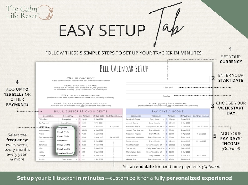 Bill Tracker Spreadsheet: Google Sheets Bill Calendar, Monthly Smart Bill Planner, Editable Bill Payment Dashboard, Personal Finance Planner