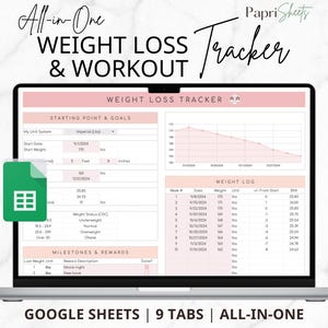 Weight Loss & Fitness Tracker: Google Sheets Calorie Tracker, Meal Planner, Habit Tracker, Digital Workout Planner, Body Measurement Chart