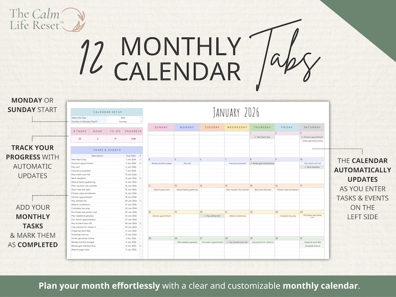 2026 Calendar Spreadsheet: Google Sheets Yearly Calendar, Monthly Tracker Routine, Daily Schedule Weekly Calendar Spreadsheet Calendar Daily