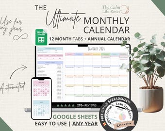 Monthly Calendar Spreadsheet: Google Sheets Yearly Calendar, Monthly Tracker, Daily Schedule Weekly Calendar Spreadsheet Calendar Daily