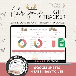 Kerstbudget-cadeautracker en kerstkaartentracker voor 2026: kerstplanner, cadeaulijstsjabloon, kerstorganizer in Google Sheets
