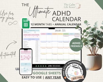 Planer kalendarza ADHD: codzienny planer Google Sheets do śledzenia wydarzeń i zadań, miesięczny arkusz kalkulacyjny, śledzenie harmonogramu biznesowego ADHD