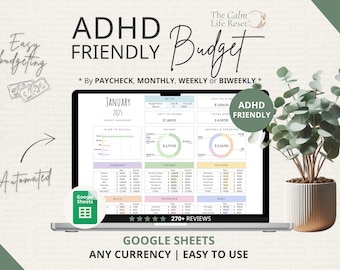ADHD-Friendly Budget Planner Google Sheets: Monthly Bill Tracker, Personal Income Expense, Weekly Paycheck, Debt Payoff Tool, Easy-to-Use