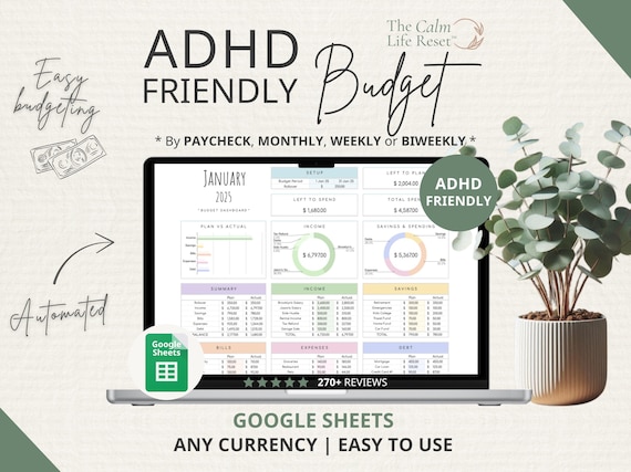 ADHD-Friendly Budget Planner Google Sheets: Monthly Bill Tracker, Personal Income Expense, Weekly Paycheck, Debt Payoff Tool, Easy-to-Use