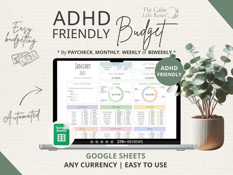 ADHD-Friendly Budget Planner Google Sheets: Monthly Bill Tracker, Personal Income Expense, Weekly Paycheck, Debt Payoff Tool, Easy-to-Use