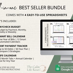 Pu&ograve; includere: Immagine che promuove un "Best Seller Bundle" di fogli di calcolo. Il pacchetto include un budget di busta paga, un calendario intelligente delle bollette, un tracker dei pagamenti dei debiti e un calendario della vita. L'immagine mostra uno schermo del computer.