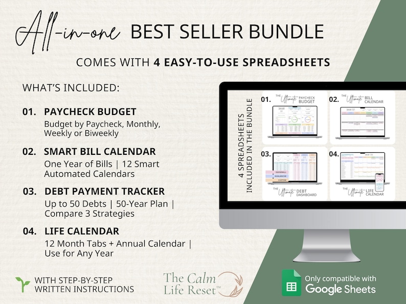 Pu&ograve; includere: Immagine che promuove un "Best Seller Bundle" di fogli di calcolo. Il pacchetto include un budget di busta paga, un calendario intelligente delle bollette, un tracker dei pagamenti dei debiti e un calendario della vita. L'immagine mostra uno schermo del computer.