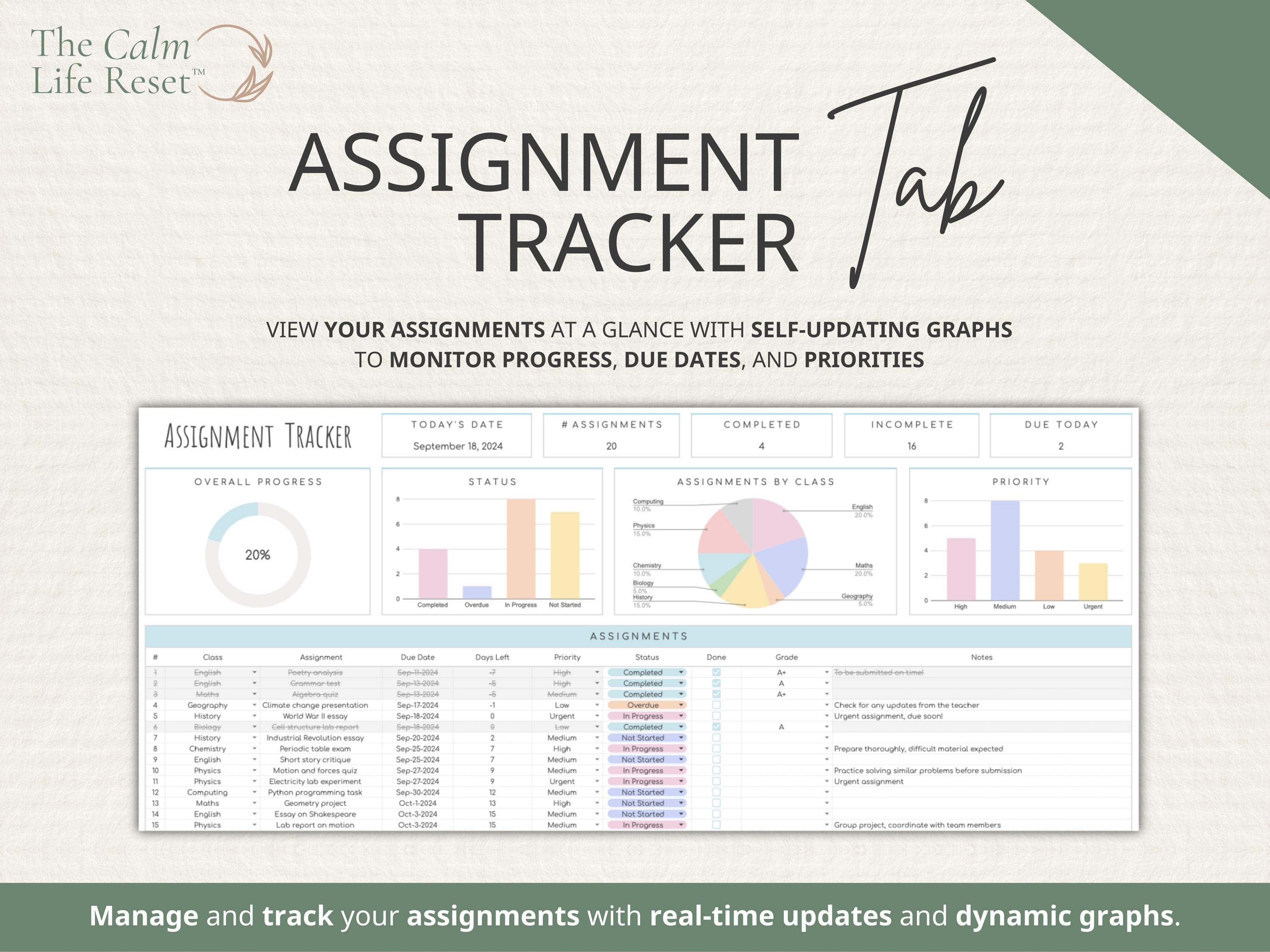 Student Planner Spreadsheet, Assignment Tracker Google Sheets, College ...