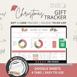 Christmas Gift Tracker Google Sheets: Gift Planner Spreadsheet, Holiday Budget Planner, Christmas Gift Planner, Card Tracker + FREE BONUS!