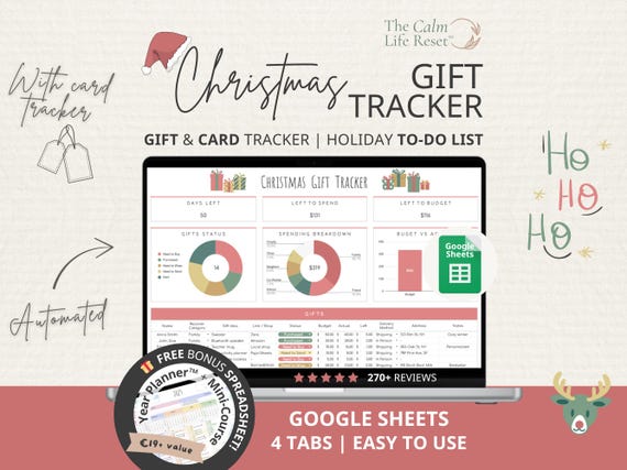 Christmas Gift Tracker Google Sheets: Gift Planner Spreadsheet, Holiday Budget Planner, Christmas Gift Planner, Card Tracker + FREE BONUS!