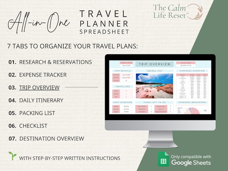 Travel Planner Google Sheets: Travel Itinerary Template, Travel Budget Spreadsheet, Digital Packing List, Road Trip Planner, Holiday Planner