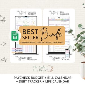 May include: A digital bundle featuring four spreadsheets for budgeting and life organization. The image includes a laptop and phone displaying the spreadsheets, with the text "BEST SELLER Bundle" and "Google Sheets". A plant in a white pot is on the right.
