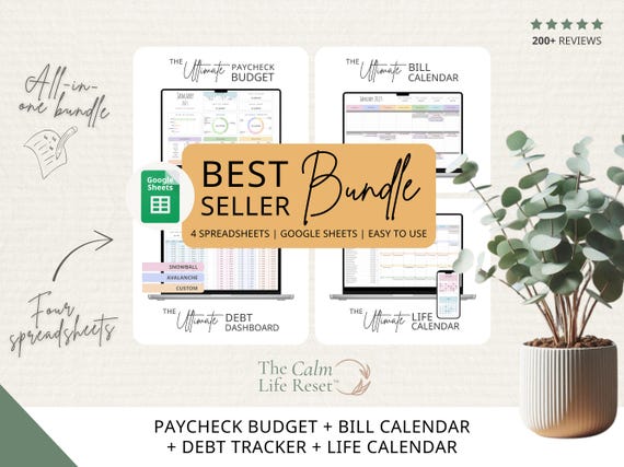 BUNDLE Paycheck Budget + Debt Snowball Avalanche + Bill Planner + Life Calendar | Google Sheets Organization & Personal Finance Spreadsheets