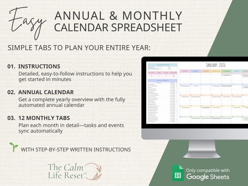 2026 Calendar Spreadsheet: Google Sheets Yearly Calendar, Monthly Tracker Routine, Daily Schedule Weekly Calendar Spreadsheet Calendar Daily