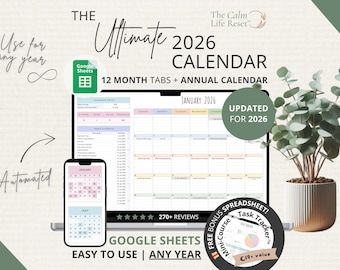 2026 Calendar Spreadsheet: Google Sheets Yearly Calendar, Monthly Tracker Routine, Daily Schedule Weekly Calendar Spreadsheet Calendar Daily