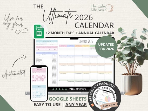 2026 Calendar Spreadsheet: Google Sheets Yearly Calendar, Monthly Tracker Routine, Daily Schedule Weekly Calendar Spreadsheet Calendar Daily