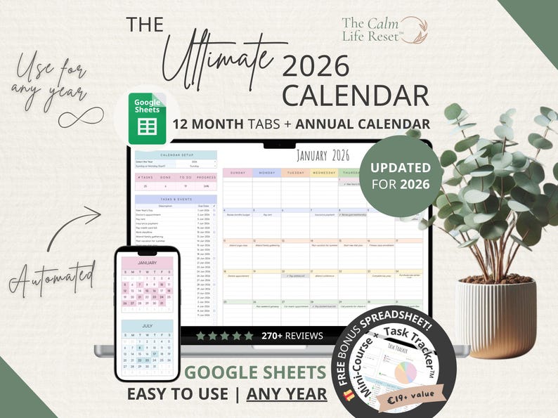 2026 Calendar Spreadsheet: Google Sheets Yearly Calendar, Monthly Tracker Routine, Daily Schedule Weekly Calendar Spreadsheet Calendar Daily