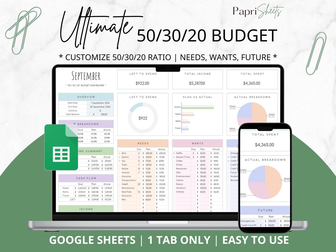 50/30/20 Budget Spreadsheet Google Sheets: Monthly Budget Planner 50/30/20 Budget Spreadsheet Google Sheets: Monthly Budget Planner