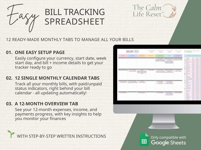 Bill Tracker Spreadsheet: Google Sheets Bill Calendar, Monthly Smart Bill Planner, Editable Bill Payment Dashboard, Personal Finance Planner