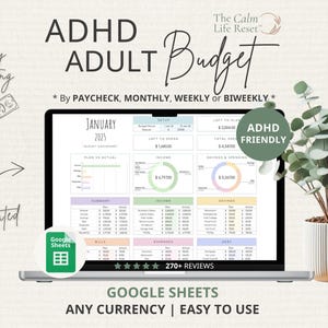 May include: A laptop displays a budgeting spreadsheet labeled "ADHD Adult Budget" with the text "Easy budgeting" and "Automated". The screen shows a financial dashboard for January 2025, with sections for income, expenses, and savings. The image includes a plant in a decorative pot.