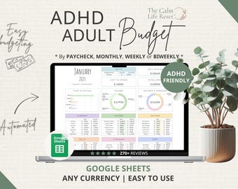 ADHD Adult Digital Budget Planner Google Sheets: Monthly Bill Tracker, Personal Income Expense, Weekly Paycheck Journal, Debt Payoff Tool