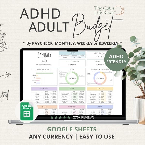 Planificador de presupuesto digital para adultos con TDAH en Hojas de cálculo de Google: Seguimiento mensual de facturas, ingresos y gastos personales, registro semanal de nómina, herramienta para liquidar deudas