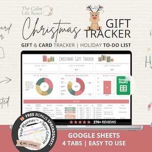 Op de afbeelding: Een laptopscherm toont een kerstcadeautracker-spreadsheet. De afbeelding bevat de tekst "Christmas Gift Tracker", "Gift & Card Tracker" en "Holiday To-Do List". Het ontwerp bevat een rendierillustratie en zuurstokgraphics.