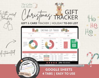 May include: A laptop screen shows a Christmas gift tracker spreadsheet. The image includes the text "Christmas Gift Tracker", "Gift & Card Tracker", and "Holiday To-Do List". The design features a reindeer illustration and candy cane graphics.