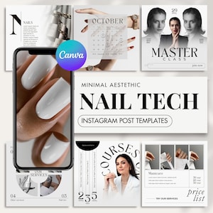 Può includere: Modelli di post Instagram per tecnici delle unghie con un'estetica minimale, con immagini di unghie curate, un calendario e un listino prezzi. Il testo "Minimal Aesthetic Nail Tech" e "Instagram Post Templates" è visualizzato in nero su sfondo bianco.