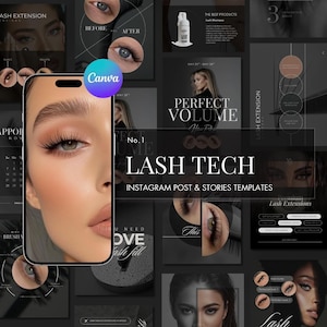 May include: A collage of images promoting lash extensions services. The images feature close-ups of eyes with lashes, before and after photos, and text that says "Lash Tech" and "Perfect Volume".
