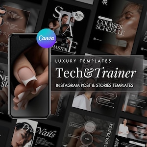 Może przedstawiać: Kolaż szablonów postów i historii na Instagramie dla firmy kosmetycznej lub wellness. Szablony charakteryzują się czarno-białą kolorystyką i nowoczesnym, minimalistycznym designem. Tekst "Tech & Trainer" jest wyświetlany dużą, pogrubioną czcionką. Szablony zawierają harmonogram kursów, ogłoszenie o sprzedaży i harmonogram programu.