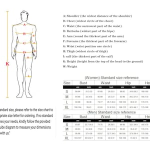 May include: A size chart for women and men with measurements in inches and centimeters. The chart includes bust, waist, hip, and height measurements for different sizes, from small to extra large.