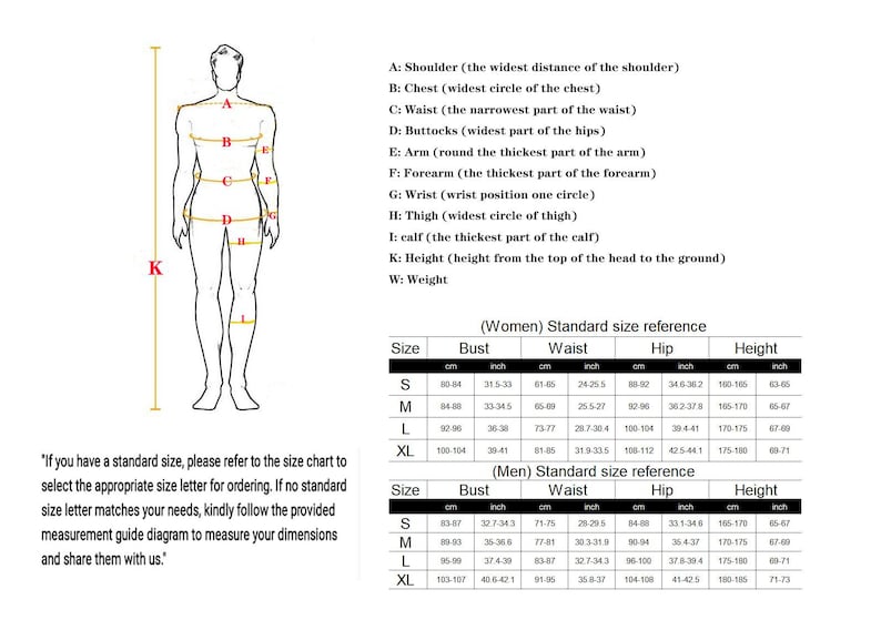 May include: A size chart for women and men with measurements in inches and centimeters. The chart includes bust, waist, hip, and height measurements for different sizes, from small to extra large.