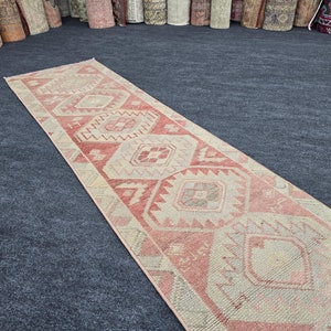 1&#39;11&quot; x 12&#39;2&quot; Narrow Vintage Handmade Runner 2x12, Pale Red Oriental Rug Runner for Hallway, 12 Ft Turkish Runner 2x12, Entryway Runner Rug