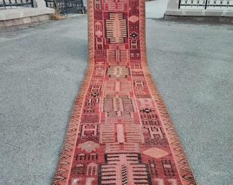 2&#39;4&quot; x 10&#39;11&quot; Unique Handmade Vintage Rug Runner 2x11, Red Salmon Pink Turkish Runner, Handwoven One of a Kind Oushak Rug Bordered Aesthetic