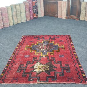 4&#39;11&quot; x 7&#39; Handmade Antique Area Rug 5x7, Oriental Vintage Living Room Rug Red, Distressed Large Turkish Rug, Oushak Rug 5x7, Rug for Hall