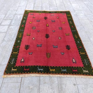 5&#39; x 7&#39;4&quot; Bordered Tribal Vintage Area Rug 5x7 Handmade Wool Oriental Living Room Rug Red Green Vibrant Turkish Fringe Rug for Dining Room