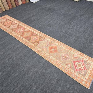 2&#39;8&quot; x 14&#39;7&quot; Vintage Turkish Runner Rug 3x15 Hand Knotted Bordered Rug Orange Brown Antique Oriental Runner Wool Oushak Unique Rug Runner