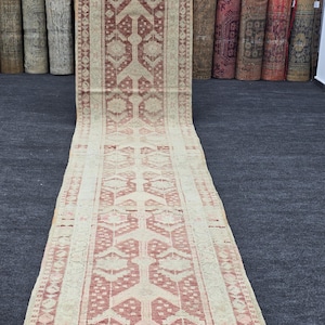 12 Foot Muted Oushak Runner Rug 2&#39;8&quot; x 12&#39;4&quot; Faded Red Vintage Runner Rug 3x12 Hand Knotted Wool Antique Rug for Hallway Stair Runner 12 ft