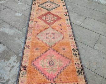 2&#39;1&quot; x 10&#39;8&quot; Orange Vintage Rug Runner 2x11 Handmade Bordered Turkish Runner Carpet, Handwoven Oriental Wool Runner Rug, 11 Ft Hallway Rug