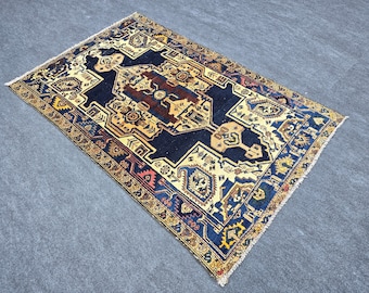 4'1" x 6'4" Blue Brown Vintage Area Rug 4x6, Handwoven Blue Turkish Rug, Handmade Wool Oushak Rug 4x6, Oriental Bedroom Rug, Kitchen Rug