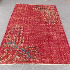 6&#39;4&quot; x 8&#39;10&quot; Distressed Red Vintage Area Rug 6x9, Hand Knotted Oushak Living Room Rug, Wool Handmade Floral Rug, Turkish Large Area Rug