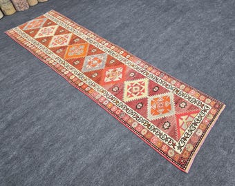2'10" x 9'8" Turkish Vintage Runner Rug 3x10 Hand Knotted Red Orange Wool Runner Unique Oriental Kitchen Runner Bordered Multicolor Carpet